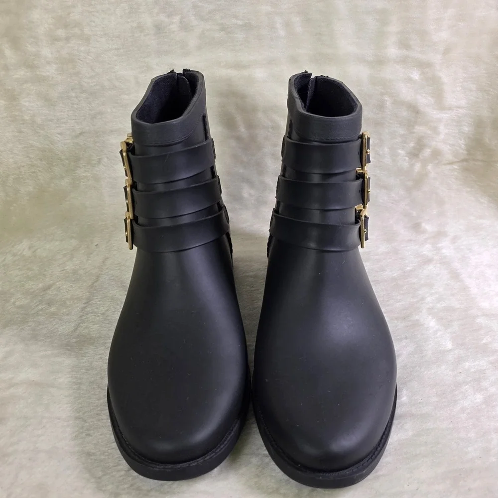 Loeffler Randall Fenton Rain Boots Duck Black Gold Buckle Moto Women  7